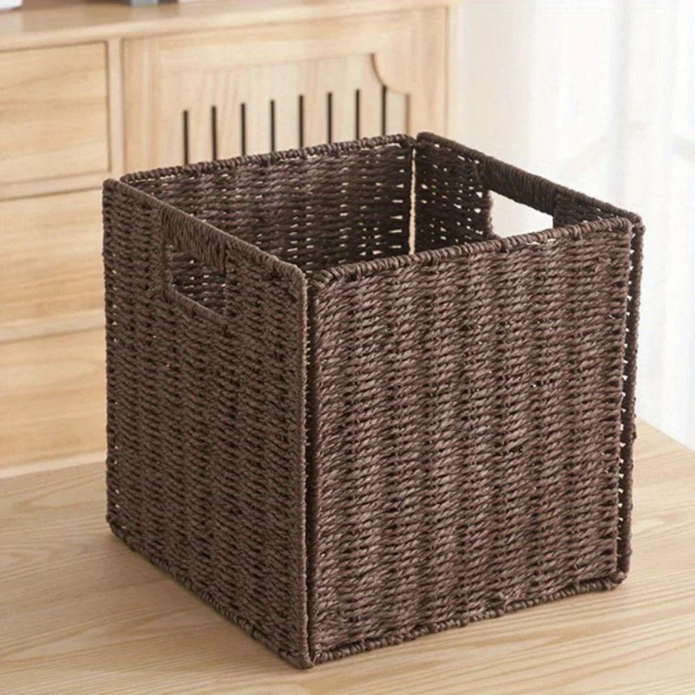 Hand Woven Foldable Storage Box Square Sundries Organizer Imitation Rattan Basket  Picnic