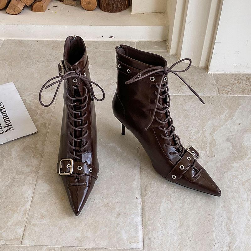 Fashion Fashion Lace Up Modern Women Ankle Boots Shoes Buckle Strap Pointed Toe Ladies Short Boots Heels Shoes Female Pumps Lady