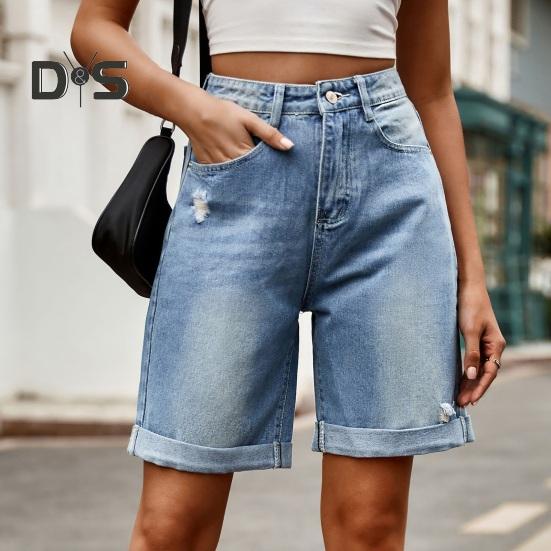Καλοκαιρινά Γυναικεία Τζιν Σορτς Μήκους Μέχρι το Γόνατο Με Μέση που Φτάνει Μέχρι τη Μέση Ελαστικά Καθημερινά Φαρδιά Ίσια Πόδια Ξεβαμμένα με Μανσέτες Τζιν Σορτς Παντελόνια με Τσέπες