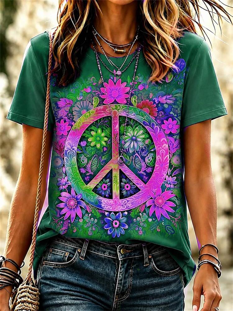 Women's Spring Summer Crew-Neck Short-Sleeve T-Shirt Soft-Toned Tie-Dye with Sun and Peace Symbols Casual Vacation Top