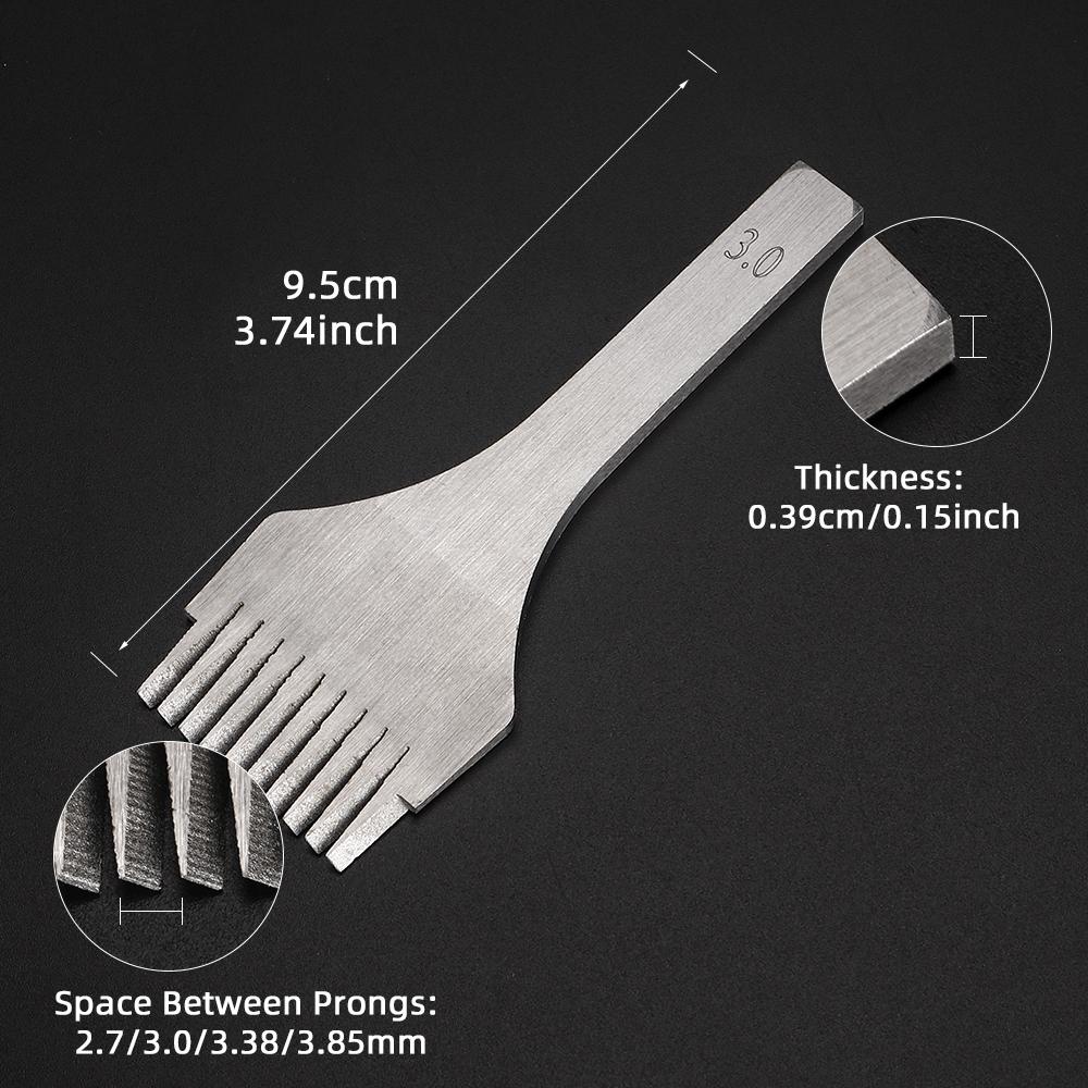 3Pcs 2.7/3.0/3.38/3.85mm Spacing 2/5/10 Teeth Leathercraft Stitching Oblique Flat Prong Chisel, DIY Craft Leather Punching Tools