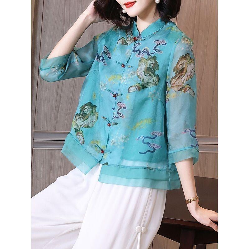 Chiffon for Women In Summer Chinese Style Tang Suit  Stand Collar and Quarter Sleeve Retro Printed Top