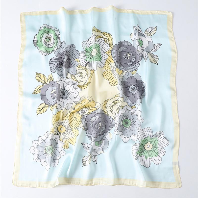 Silk Scarf Small Square Scarf Women's Flower Pattern Versatile Spring and Autumn Thin Imitation Silk Scarf Flight Attendant Scarf Professional Small S