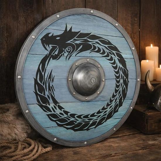 Viking Round Shield with Ouroboros Serpent Norse Wooden Shield 45.72 Cm Wall Decor Nordic Pagan Viking Shield for Home Gift