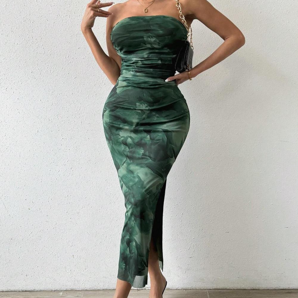 Sexy Strapless Floral Print Sheer Midi Dress Side Slit Bodycon Party Dress Summer Dress for Women Evening Party Outfit