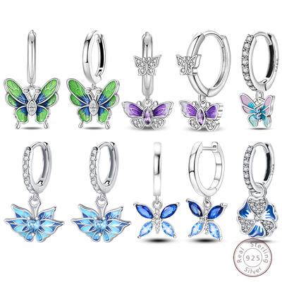 Boucles d'oreilles exquises en argent 925 avec motif coccinelle, papillon, libellule et fleur d'iris - Convient pour les fêtes de mariage