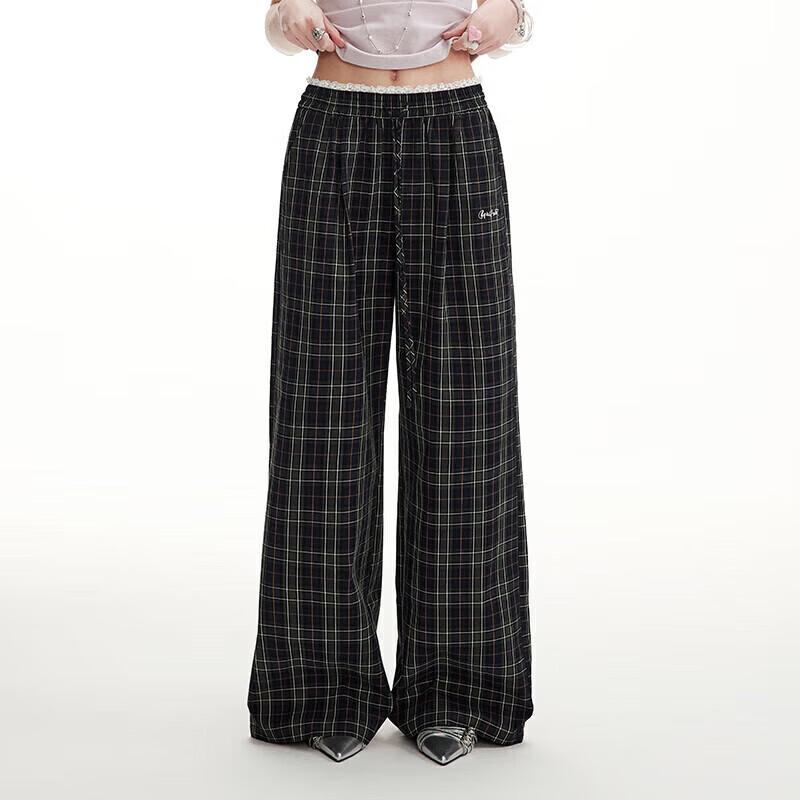 UNIFREE Vintage Plaid Lace Waist Casual Pants XL