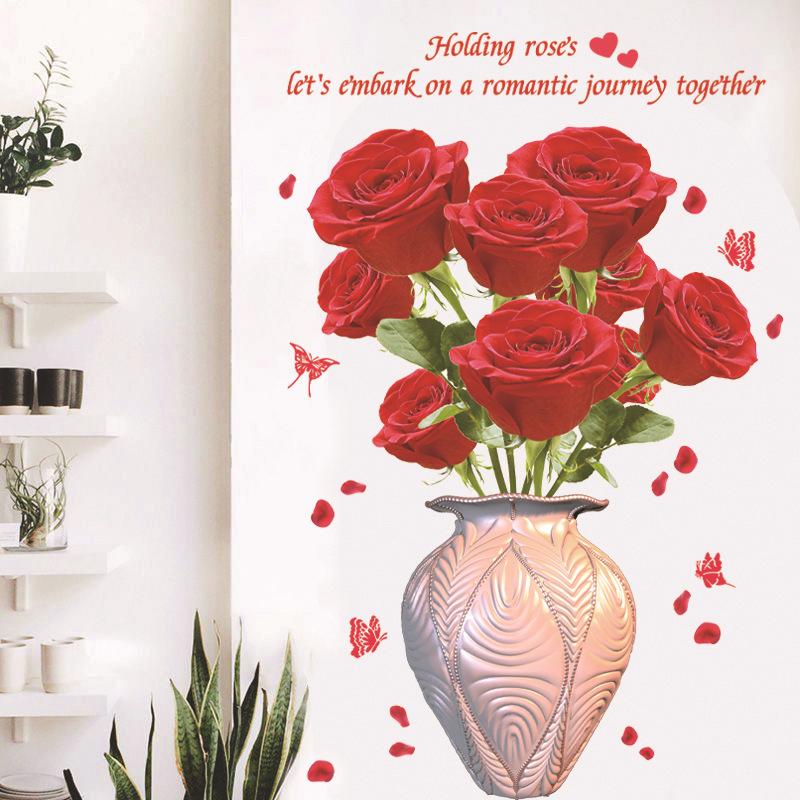 Chinese Style Peony Flower Vase Wall Sticker for Bedroom Living Room Self Adhesive Vinyl Wall Art Removable TV Background Decoration Home Decor