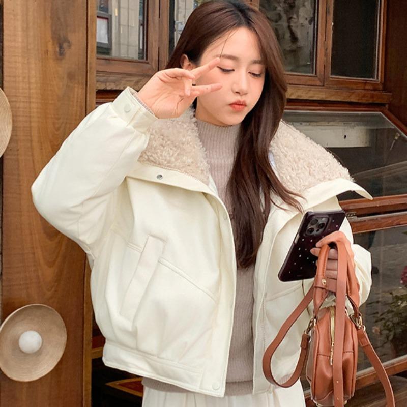 New cotton-padded clothes women's short lamb wool large lapel cotton clothes women's jackets winter college style small men wear outside