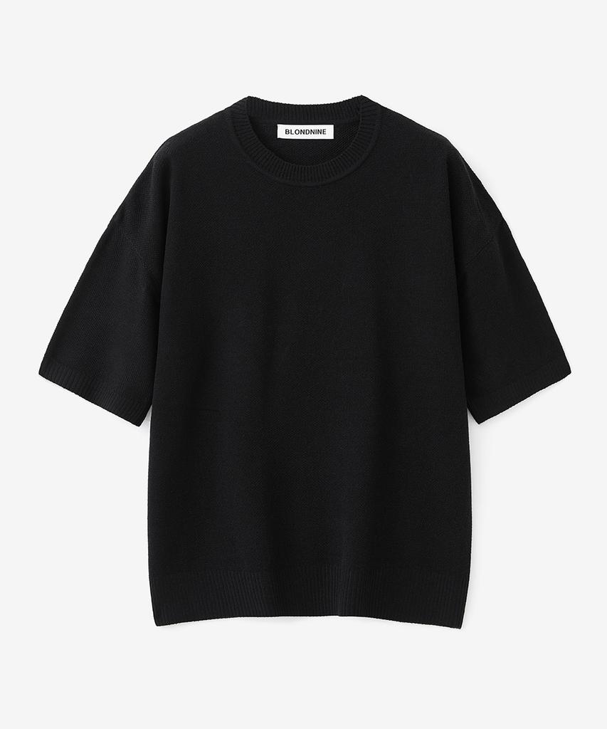 BLOND9 Mesh Pk Round Neck Short Sleeve Knit_Black