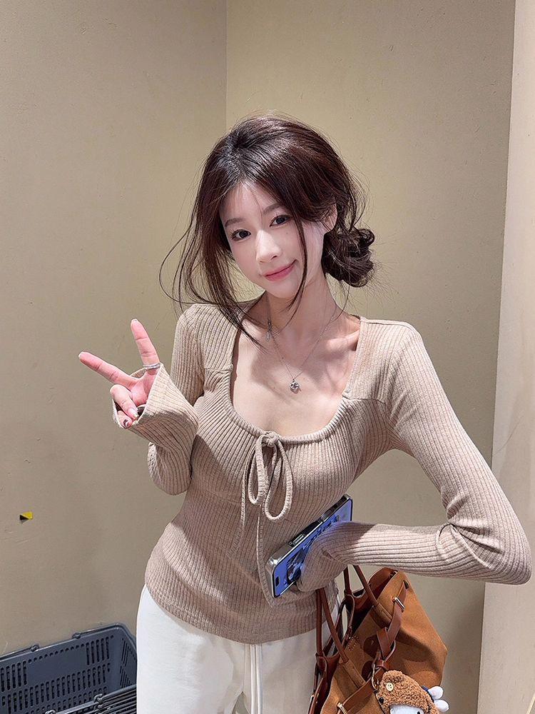Spicy Girl Lace-up Long Sleeve Slimming Ribbed T-shirt – Autumn/Winter Trendy Top