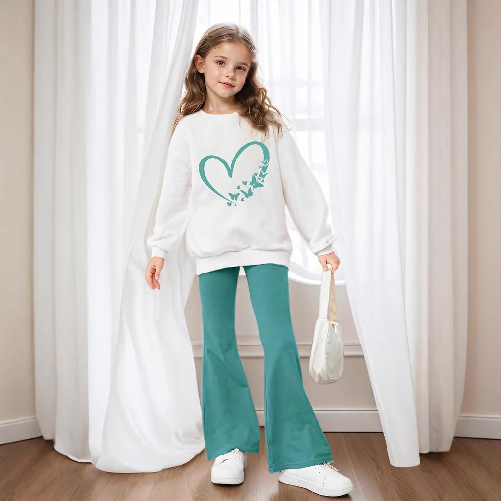 Girls Fashion 2-piece Set & Love Print Long-sleeved Sweatshirt + Bell-bottom Pants Suit - Fall Casual Suit for Kids