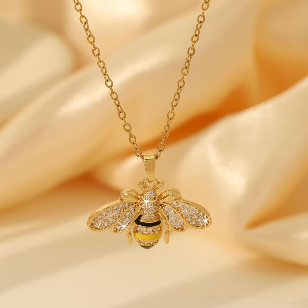 18K Gold Titanium Steel Bee Necklace with Zircon Inlays for Women - European & American Style