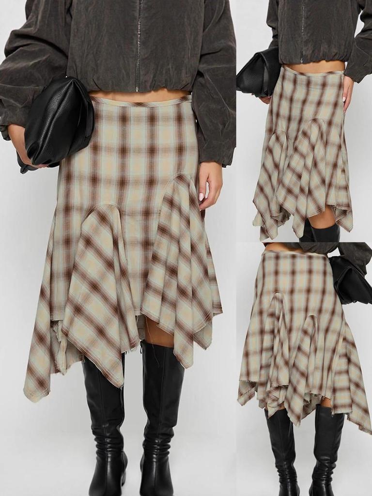 Plaid Patchwork High-Waisted Irregular Hem Midi Skirt