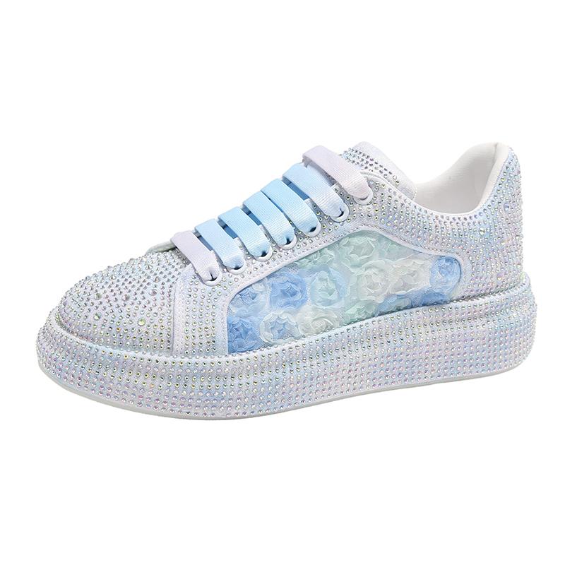 Fashion 4.5cm Micrifiber Synthetic Leather Autumn Chunky Sneakers Crystal Breathable Platform Wedge Women Vulcanize Bling Shoes