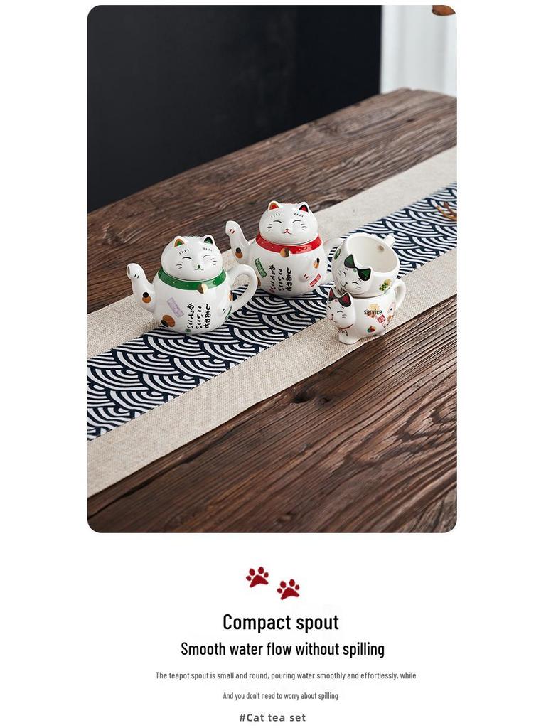 Japanese Lucky Cat Ceramic Teapot Set – One Pot, Two Cups, Filtered Tea Souvenir Gift
