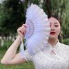 Chinese Feather Folding Fan with Pendant Wedding Dance Fan Cosplay Props Decor