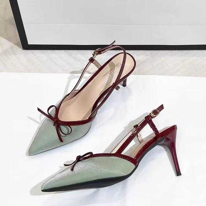 Mode 2025 Sommar Blandade Färger Damslingbacks Höga Klackar Spetsig Tå Tunn Klack Spänne Rem Pumps för Rosett Plus Size Sexig Fest