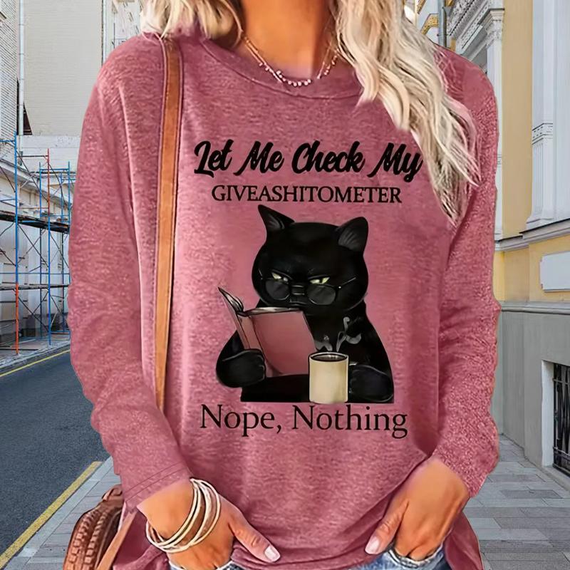 Tops For Women The Cat Reading Print Round Neck Long Sleeve T-shirt Fall Casual Slim Pullover Women's Long Sleeve Top