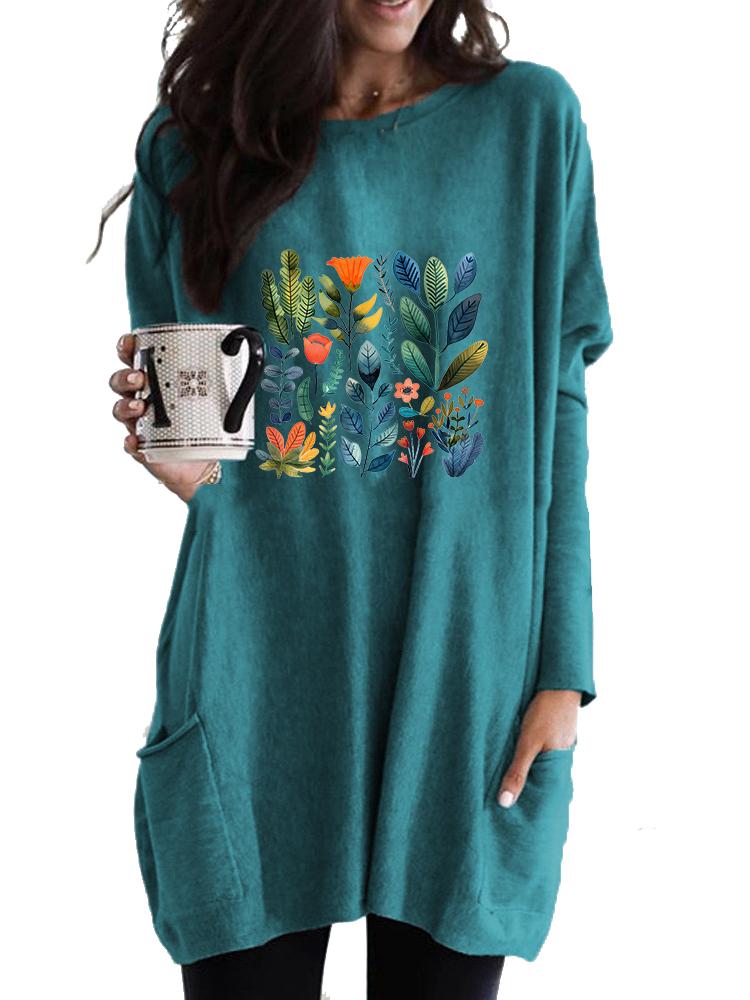Ladies Sweatshirt Women's Long Tunic with Pockets Loose Fit Fashion Printed Logn Sleeve Top