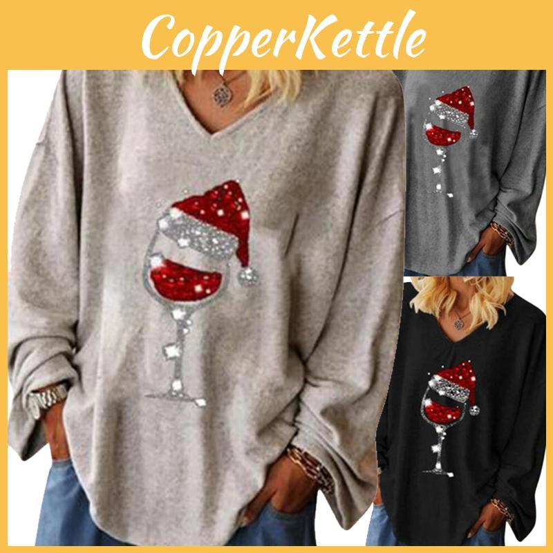 Stylish Womens Christmas Wine Glass Tee T-shirt V-neck Long Sleeve Blouse Tops
