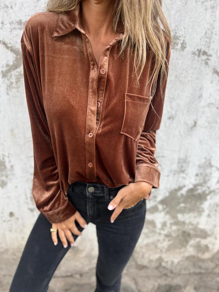 

Women s Gold Velvet Long-Sleeve Shirt - Versatile, Single-Breasted, Loose Fit Extra Large