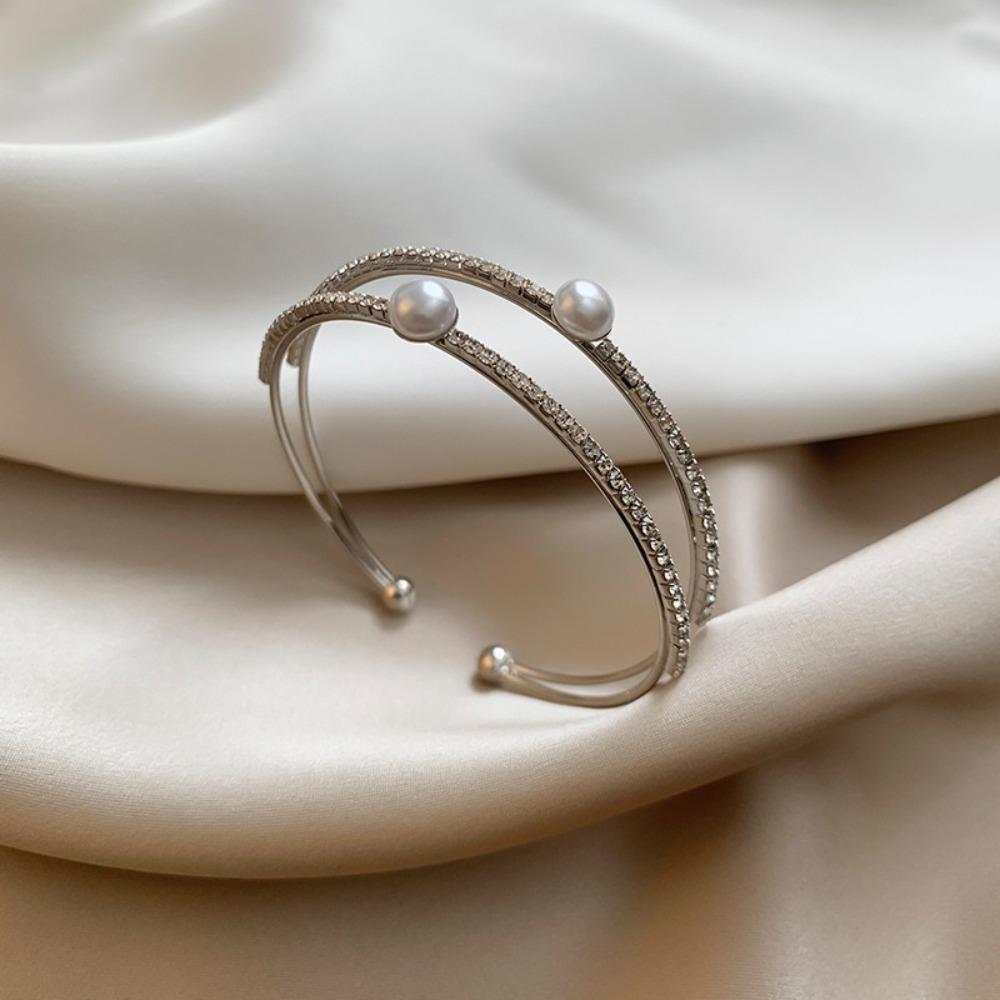 Bridal Jewelry Rhinestone Bracelet Double-layer Wrist Ornament Simple Opening Bangles  Ladies
