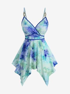 Rosegal Plus Size Tie Dye Printed Floral Flocking Surplice Handkerchief Cami Top