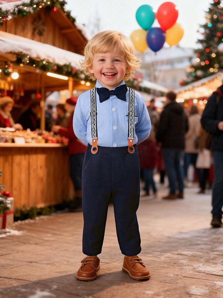 Nuovo Set Due Pezzi Pantaloni con Bretelle - Stile Britannico Primo Compleanno Completo da Gentiluomo per Bambini