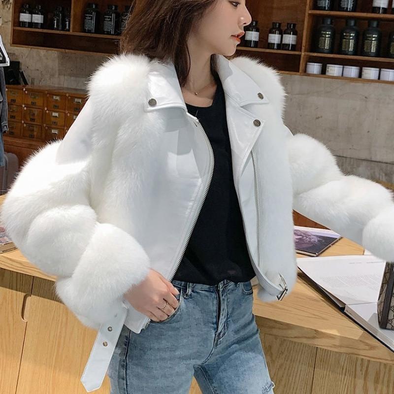2024 Winter New Imitation Leather Women's Locomotive Clothes Short Cotton Jacket Fur Splicing Looks Thin Fashion Explosion Warm