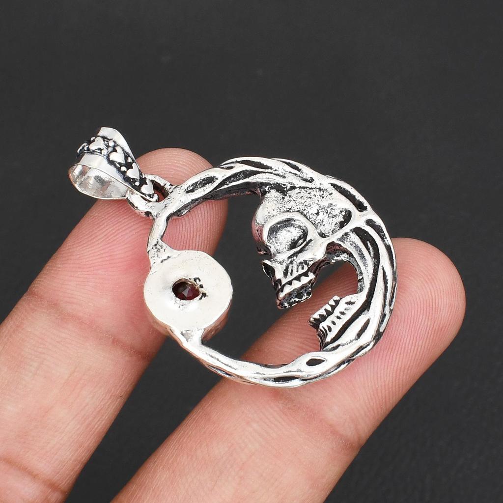 925 Sterling Silver Skull Crescent Moon Pendant Necklace with Garnet Stone for Men & Women Punk Rock Biker Jewelry Gift