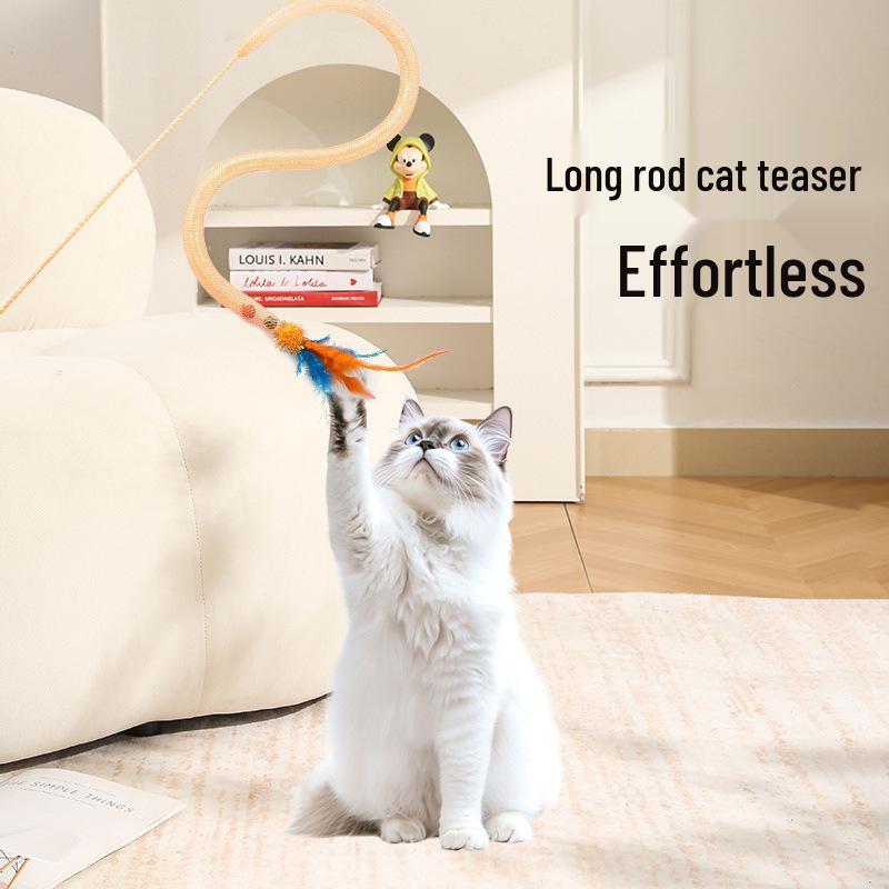 Elastic Feather Snake Teaser Wand with Mesh, Pom-pom, and Bell - Interactive Cat Toy