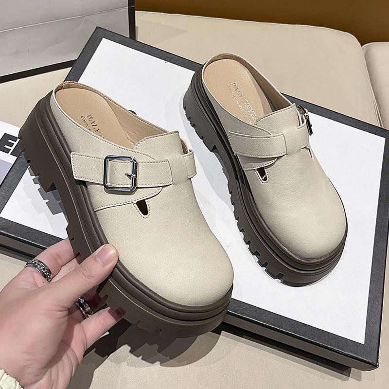 British Style Single Shoes Women's Popular Spring New Bag Head Half Slippers Women's Platform Belt Buckle Fashion Casual Women's Shoes
