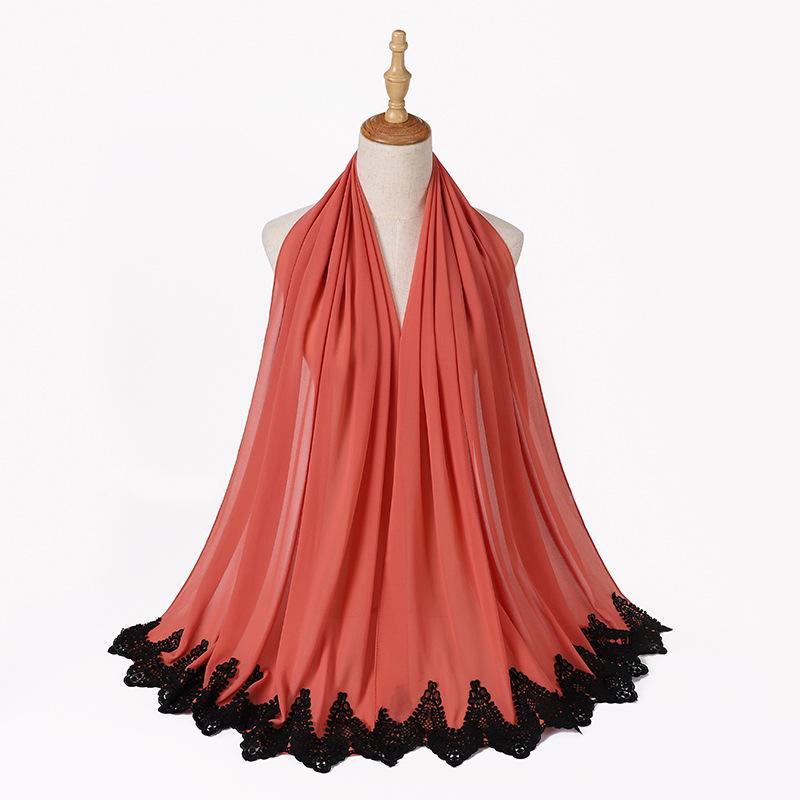 New Pearl Chiffon Malaysia Fashion Black Lace Scarves Muslim Shawl Plain Soft Turban Head Wraps Headband