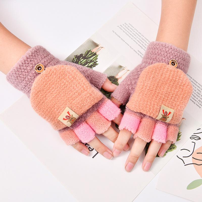 Kids' Cartoon Knitted Flip-Top Fingerless Winter Gloves - Unisex, Warm, Velvet-Lined, Thickened