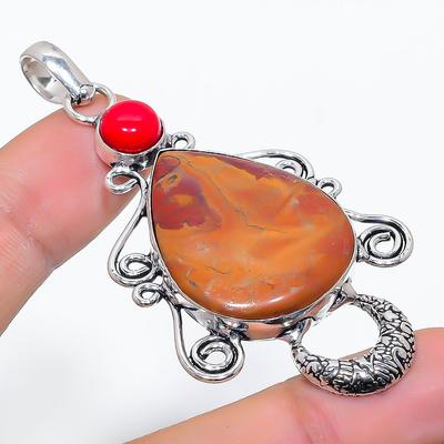 Natural Noreena Jasper,Coral Gemstone 925 Sterling Silver Pendant 2.76" z7S69