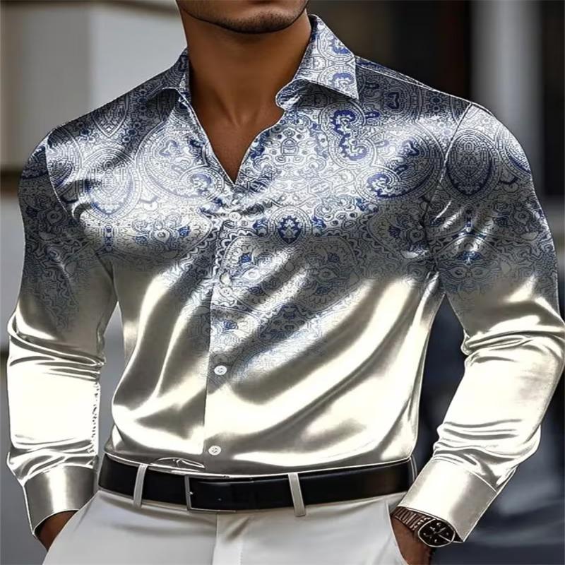 Men Luxury Satin Paisley Jacquard Shirt Long Sleeve Slim Fit Button Up Dress Shirts Male Business Wedding Party Banquet Formal