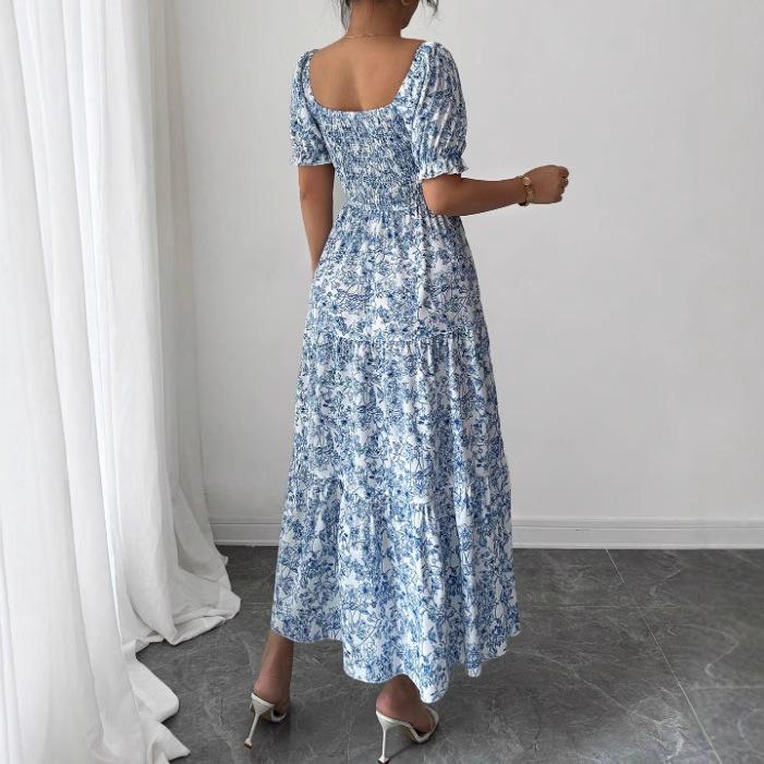 Abito estivo elegante stile pigro stampa schizzo scollo quadrato manica lunga a sbuffo ampio donna