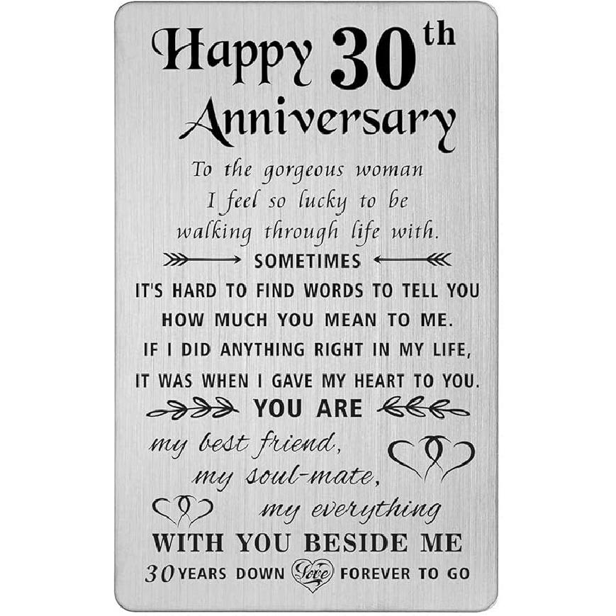 TANWIH 30th Anniversary Card for Husband - 30 Years Down Forever to Go - 30 Year Wedding Anniversary Card Gifts for Him Men, Engraved Metal Wallet 30th Anniversary for Her