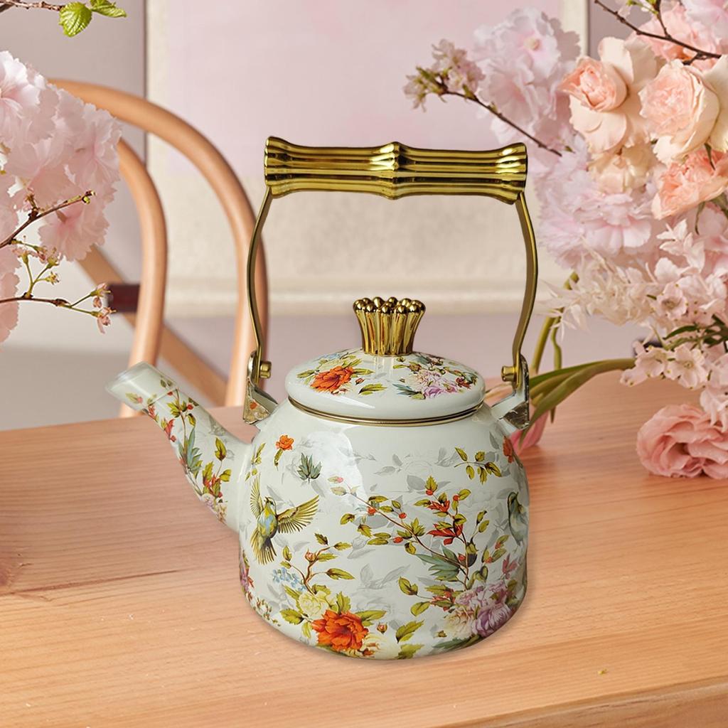 Elegant Enamel Teapot with And Floral Pattern; for Home, Office Cafe