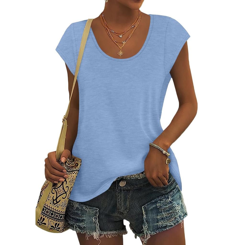 Women's Fashion Casual Slim Fit Waist Cap Sleeve Round Neck T-Shirt Top