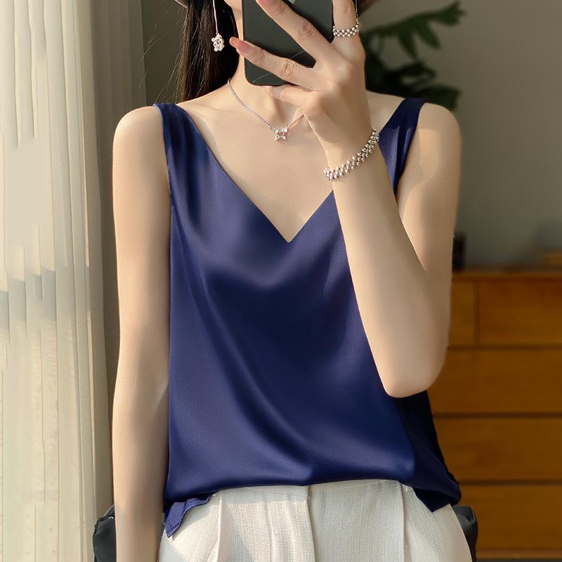Women's Stylish Satin V-Neck Spaghetti Strap Vest - Sexy Back Inner Layer for Spring/Summer Suits