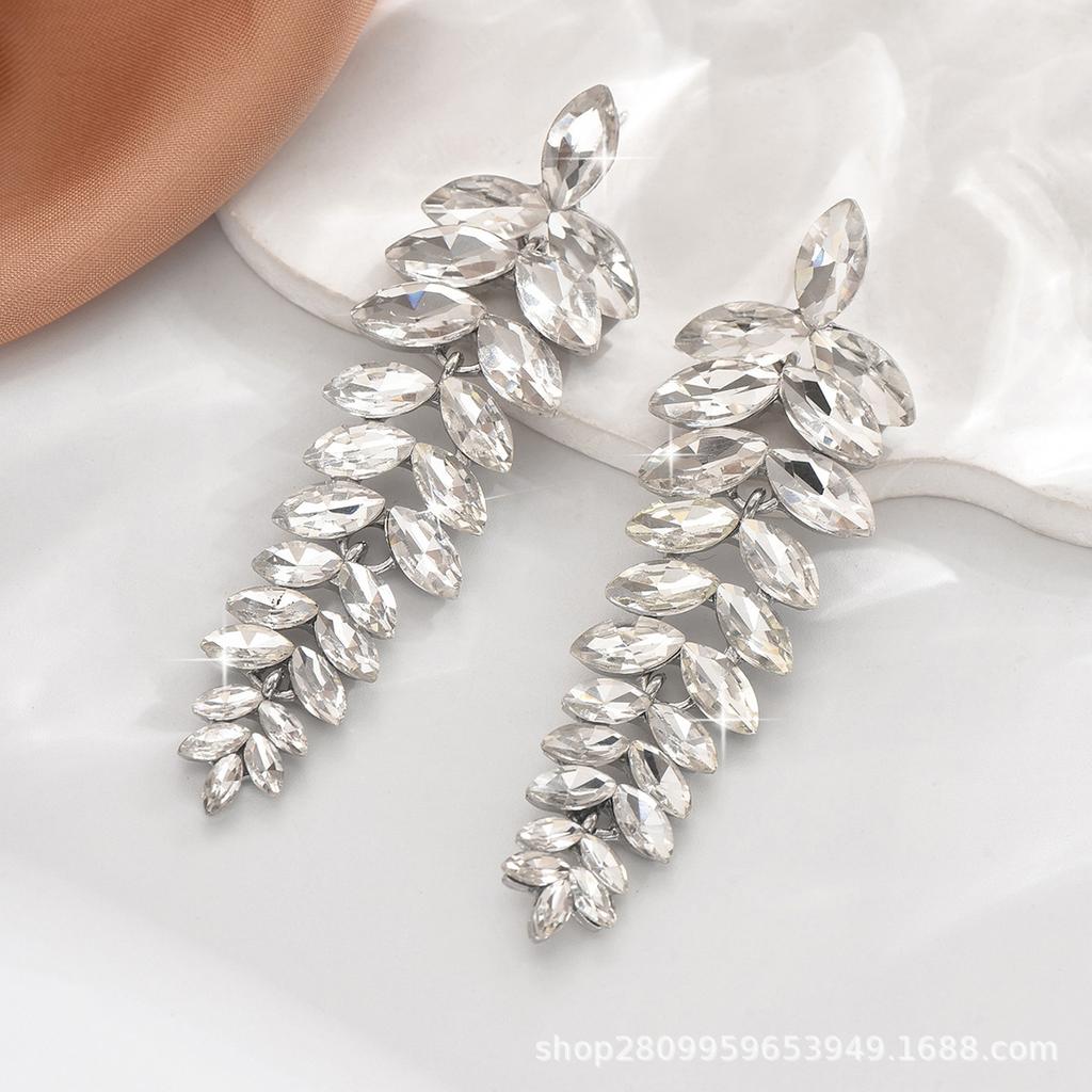 New multi-colored flower earrings, women's exaggerated full diamond long leaf earrings, banquet jewelry earrings.
