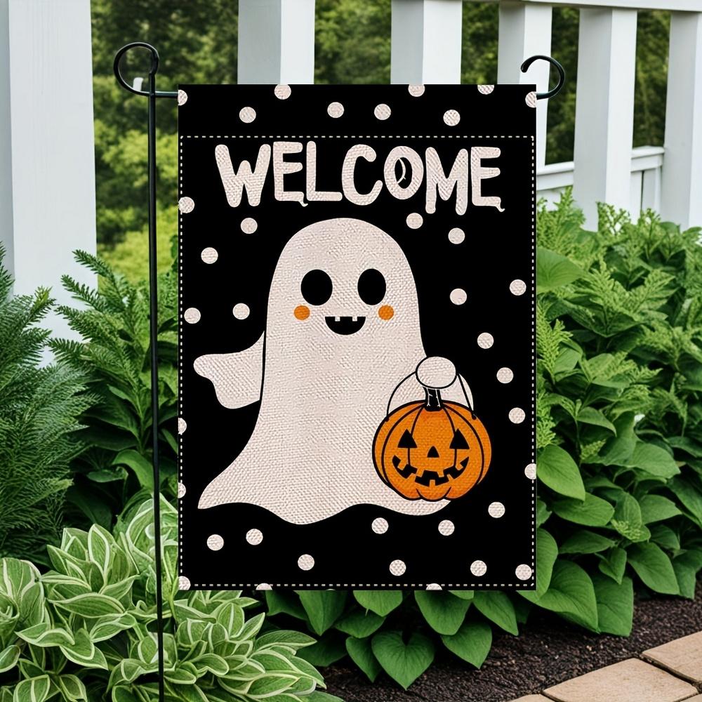 2D Flat, 2D Flat,1pc Spooky Halloween Welcome Garden Flag, Double Sided Durable Polyester Yard Decor, Weather Resistant Outdoor Lawn Decoration, 30.48