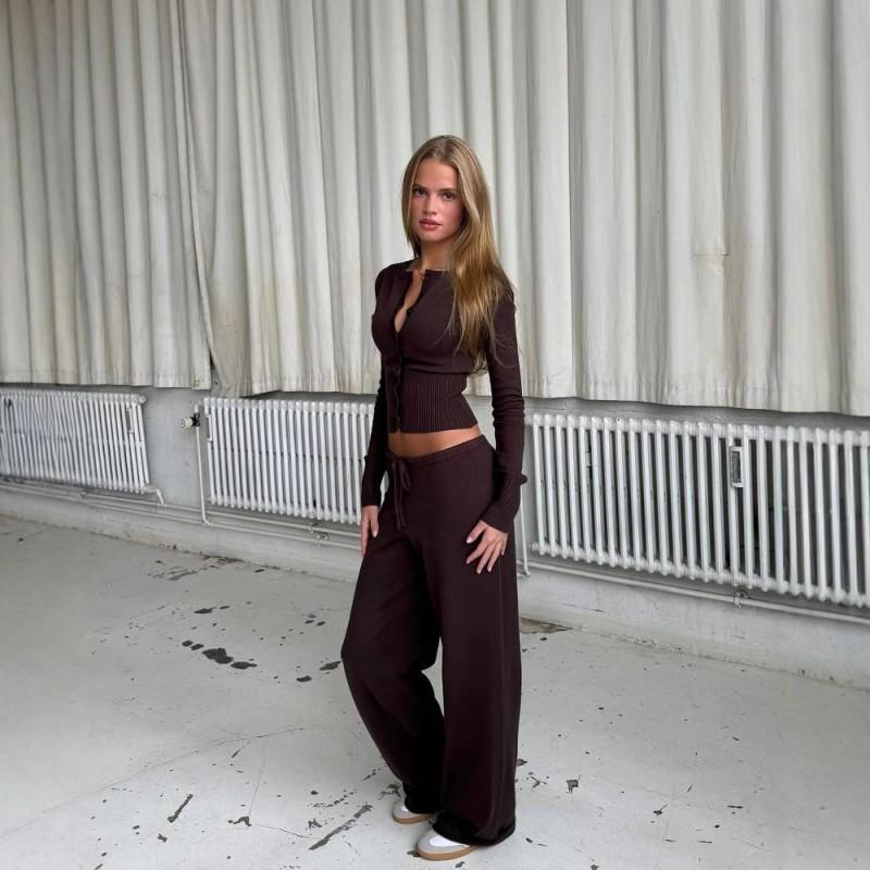Womens Slim Fit Knit Two Piece Set Long Sleeve Button Front Top Low Waist Casual Pants