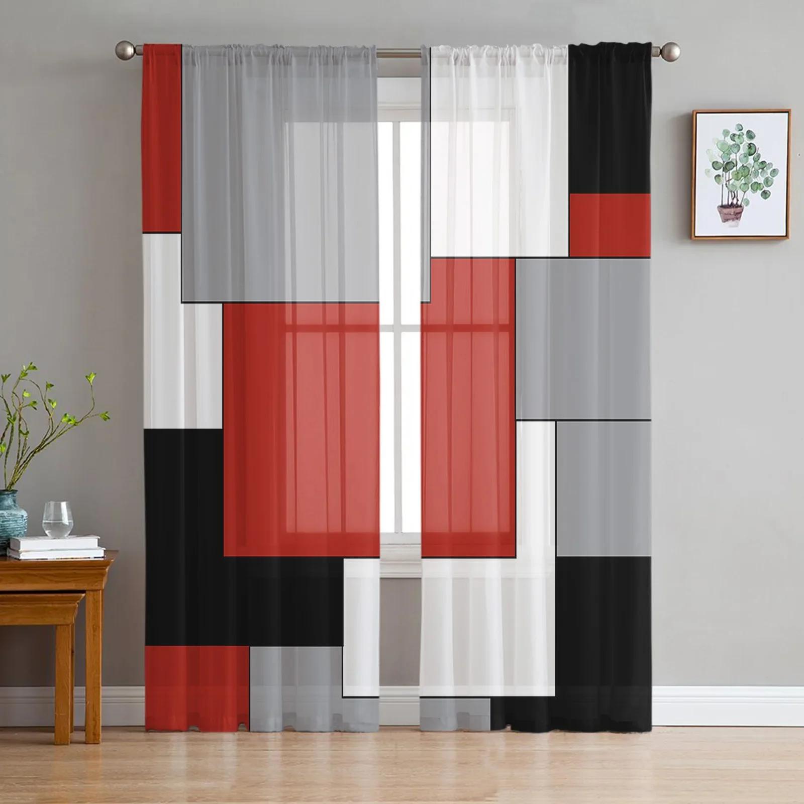 

Crimson Red Black Grey Patchwork Abstract Design Art Medieval Design Transparent Drapes Living Room Cooking Area Decoration Netting Voile Window W135 x H115cm x1&Rod Pocket