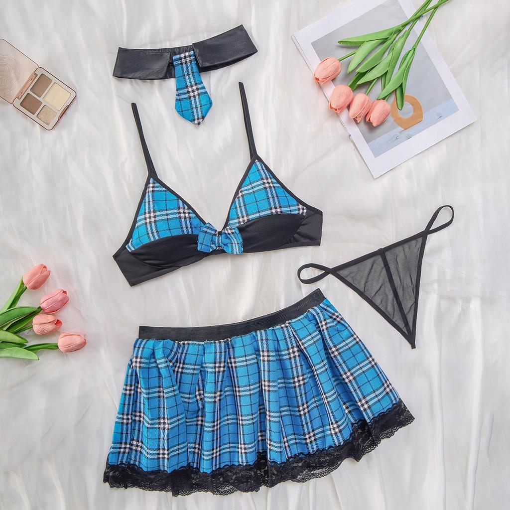 European and American explosive sexy fun set plaid uniform temptation underwear set three-piece set