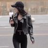 Spring Fashion Design Niche Zipper Black PU Leather Long-sleeved Jacket Motorcycle Short Small Coat Top for Women