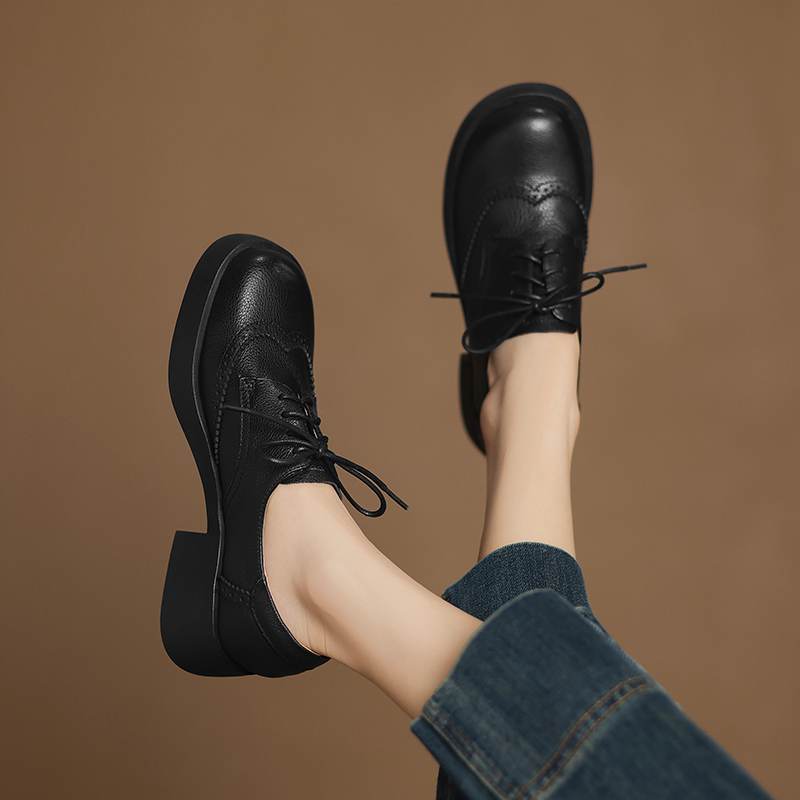 Krazing Pot Sheepskin Autumn Winter Shoes Chunky Heels Size 43 Size 42 Round Toe Lace Up Deep Mouth Pumps