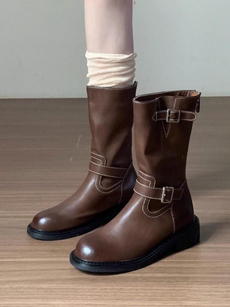 

Brown Middle Heel Round Toe Leather Ladies Mid Calf Shoes Spring Autumn New in Designer Luxury Pu 39 Women s Half High Boots 40
